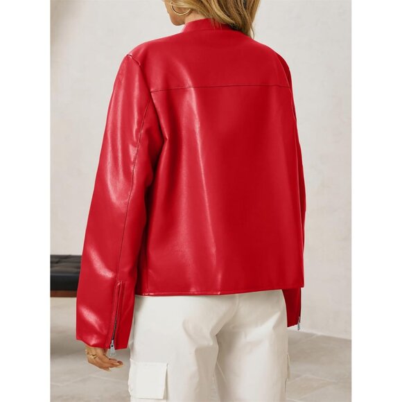 Women's Red Faux Leather Zip Up Moto Biker Y2K Racing Bomber Jackets - Picture 6 of 8